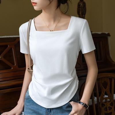 Short-sleeved T-shirt for Women's Summer New Women's Retro Square Collar Solid Color T-shirt Curved Hem Pleated Waist Top
