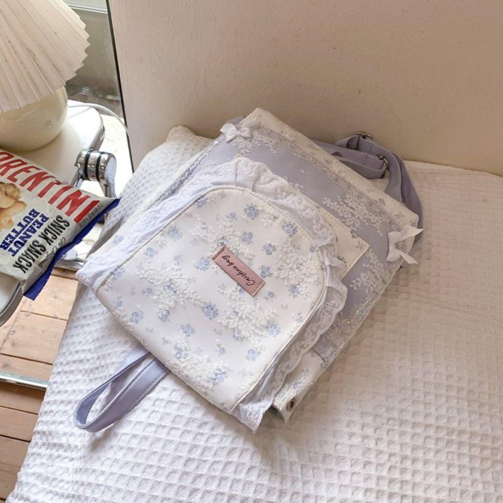 

Cat Shape Nylon Shoulder Bag Pinted Floral Handbag Casual Lace Flower Backpack Women blue flower