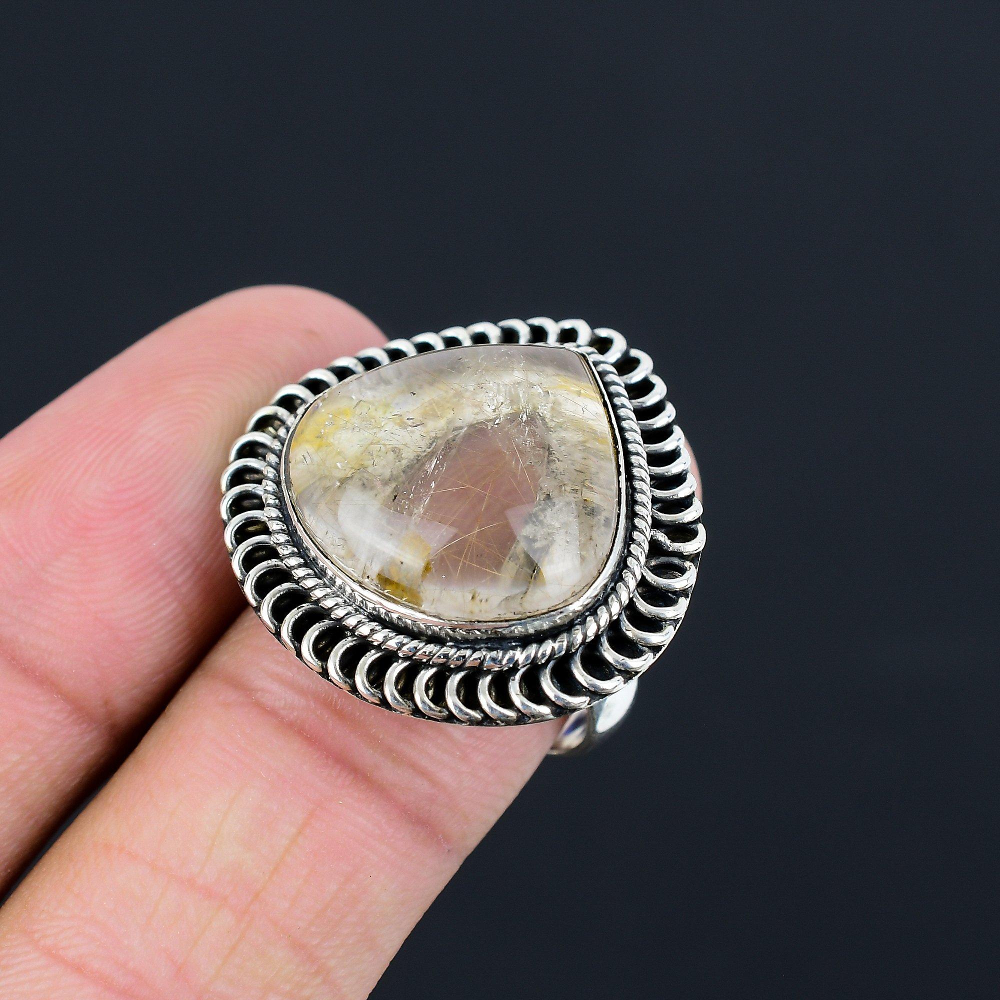 Daughters Day Deal Sterling Silver Golden Rutile Stone Boho Ring Jewelry Size 8 8