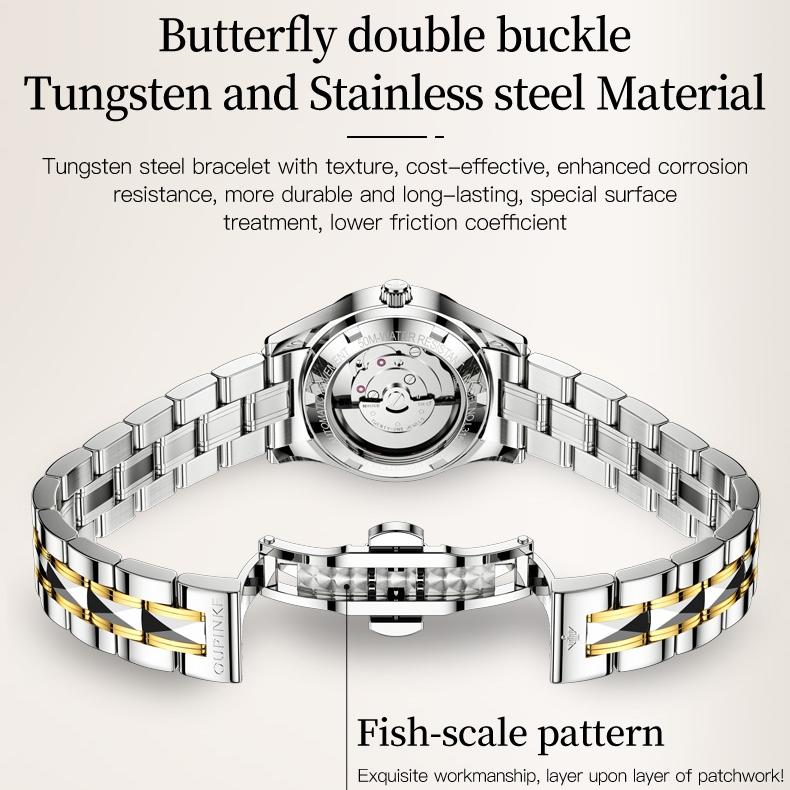 OUPINKE Montres en acier tungstène incrusté de diamants, montre mécanique automatique étanche pour femmes
