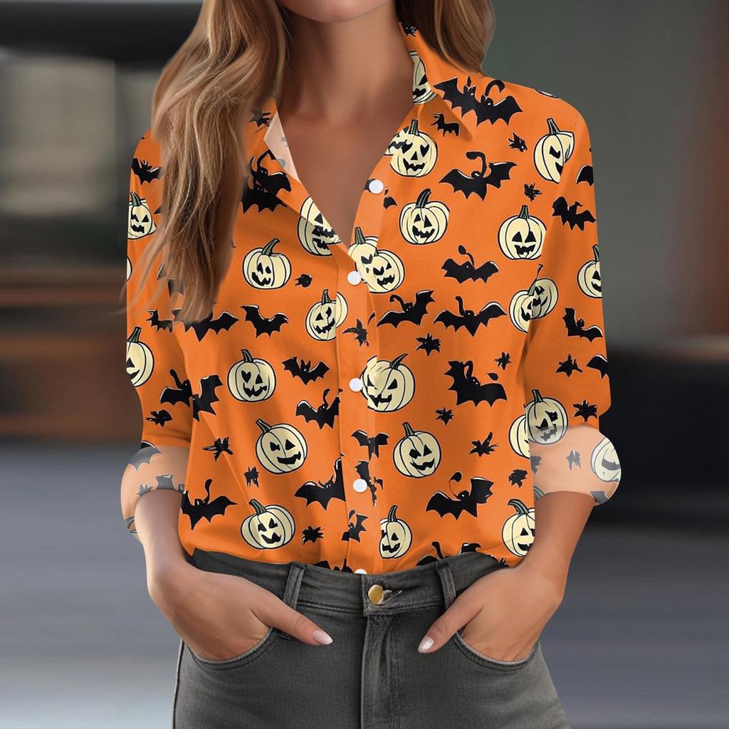 Damen Hemd Bluse Halloween Print Knopf Langarm Lässig Basic Hemdkragen Regulär Top
