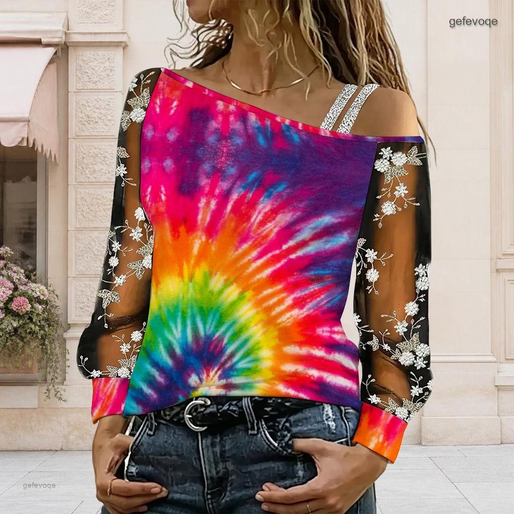 Plus Size Women Slanted Shoulder Long Sleeve Top Boho Abstract Floral Print Mesh Lace Splicing Blouse