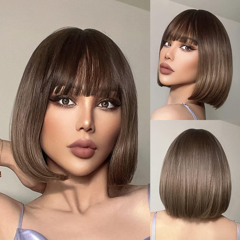 Wig European American Women's Fashionable Synthetic Head Cover Purple Gradient Color Bangs Short Straight Hair Wavy Inner Buckle