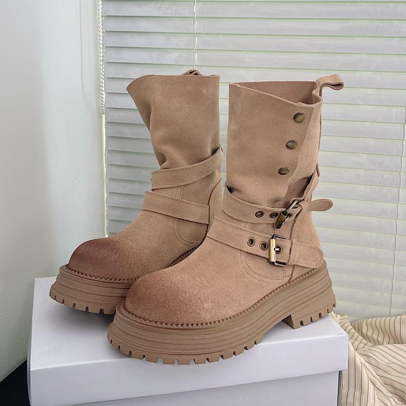 

Модные новые высококачественные плиссированные сапоги женские из искусственной замши телесного цвета, средние сапоги женские ретро-пряжки на толстой подошве осень-зима удобные короткие сапоги 35 хаки