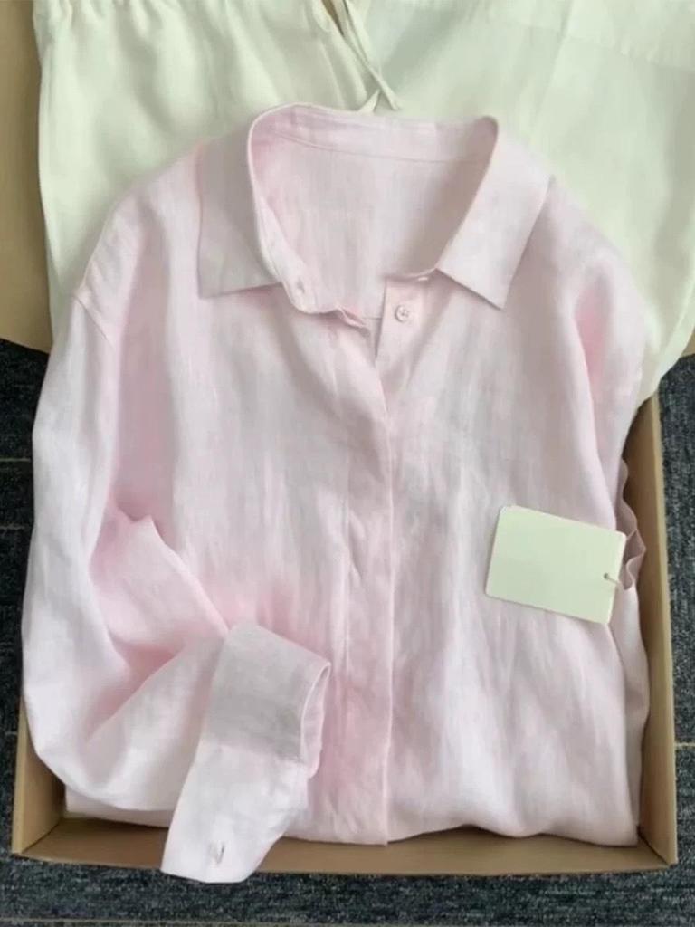 Women's French Blue Linen Shirt, Summer Lightweight Loose Fit, Long Sleeve Sun Protection Top