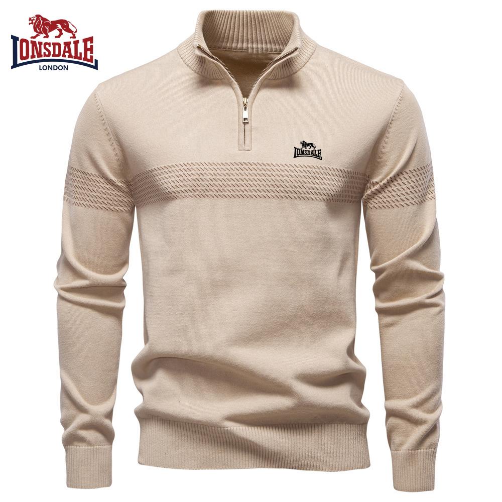 

Lonsdale 2025 Осень-Зима Вышивка Новый Бизнес Стойка Воротник Мужской Свитер из Чистого Хлопка, Высококачественный Повседневный Мужской Топ на Молнии S