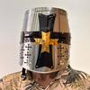 Templar Helmet Medieval Steel Holy Helmet with Brass and Black Cross with Wooden Stand