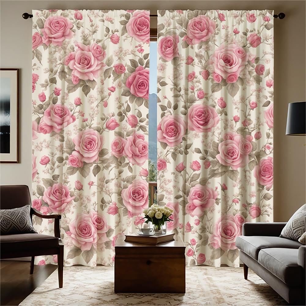 Vintage Piece Set High Definition Digital Printed Curtain Pink Roses Floral Pattern Curtainhome Decoration Style With Rod Pocket Polyester
