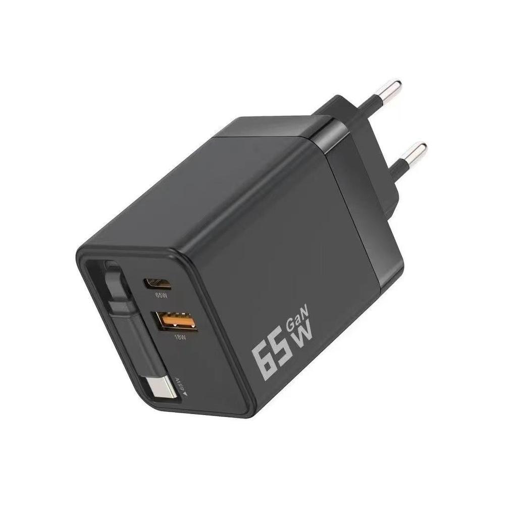 65W Dual Port PD Charger with Retractable Type-C Cable for Fast Charging (A+C)