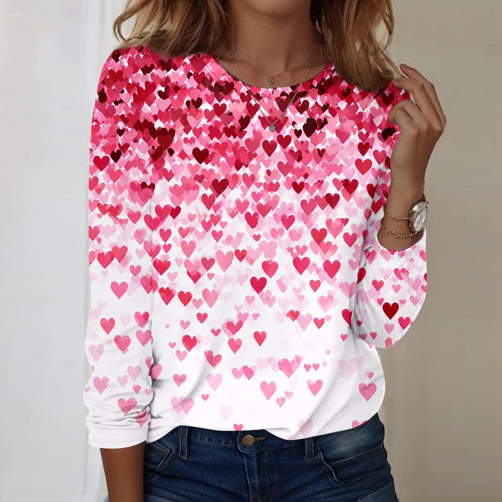 Women's Heart,shaped Printed Round,neck Loose Long,sleeved Top