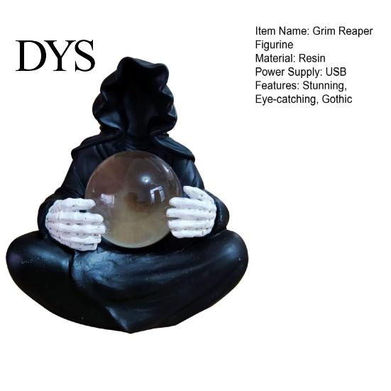 Atmospheric Night Light Faux Crystal Ball Grim Reaper Statue, Gothic Resin Black Robed Creepy Faceless Hood Sculpture with Glowing Clear Ball,
