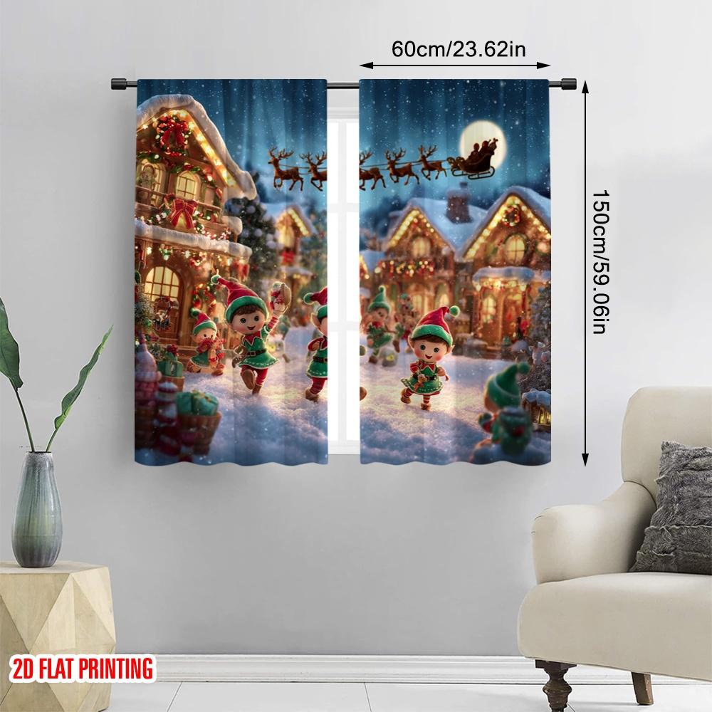 2pcs,2D Plane Printing Curtains Digital Printed Joyful Elves Playing In a Festive Light Versatile 100% Polyester (without Rod)