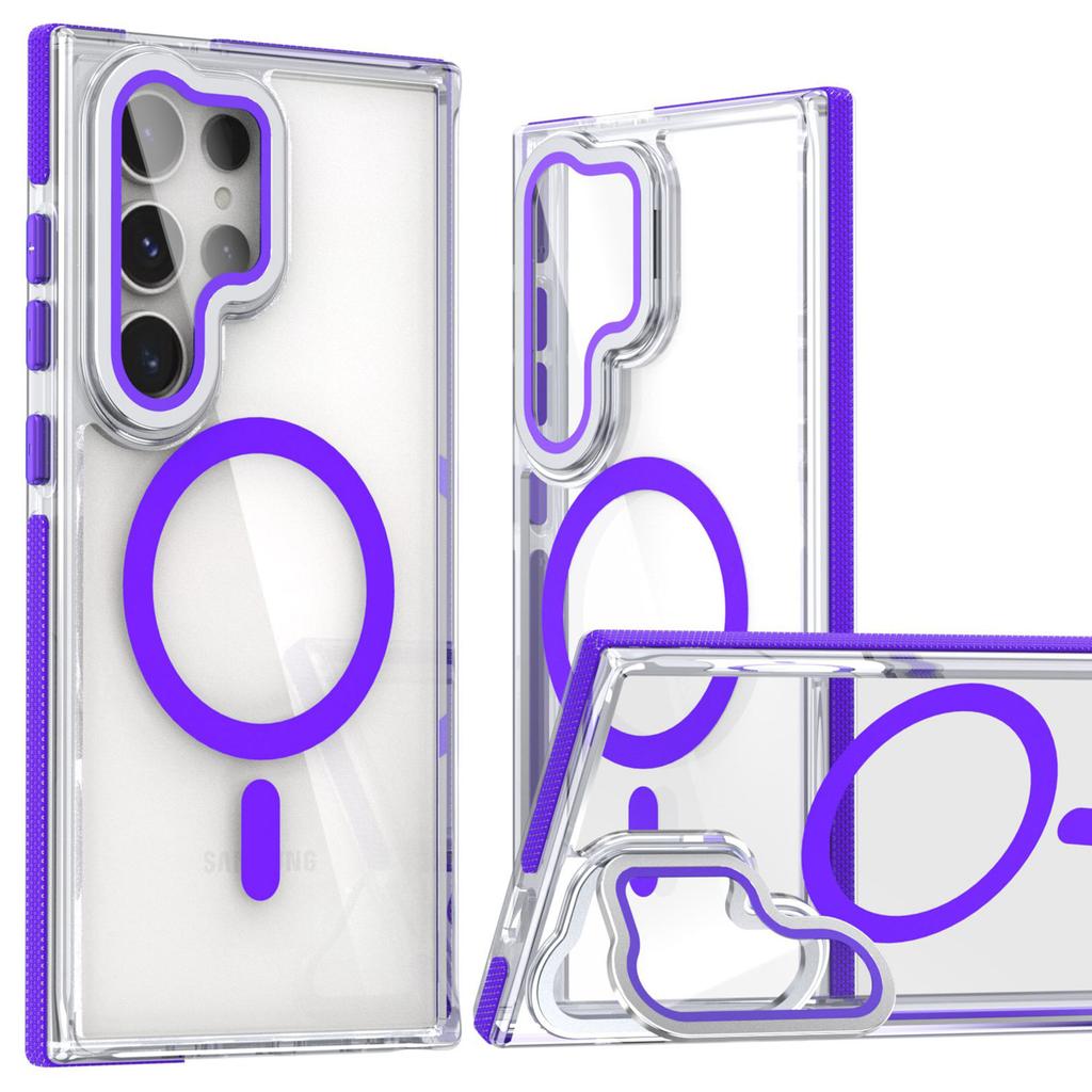 For Samsung Galaxy S24 Ultra Magnetic Case TPU Acrylic Clear Phone Back Cover with Lens Protector Kickstand