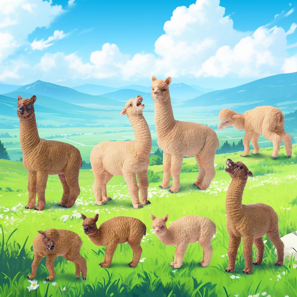 TOYMANY 8-Piece Alpaca Figure Set, Animal Figures, Alpaca Model, Parent and Child Figures, Realistic Animal Model, Popular Animal Toy, Birthday Gift,