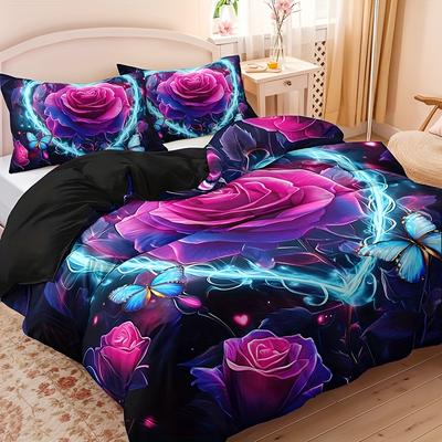 Breathable 3Pcs All-Season Purple Heart Rose Butterfly Duvet Cover Set Machine Washable Includes Duvet Cover And 2 Pillowcases