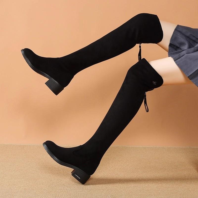 Damenstiefel Winter Schwarz Overknee-Stiefel 2026 Neu Komfort Schnürung Klobige Hohe Absätze Schuhe Mode Warm Wildleder Runde Spitze Stiefel
