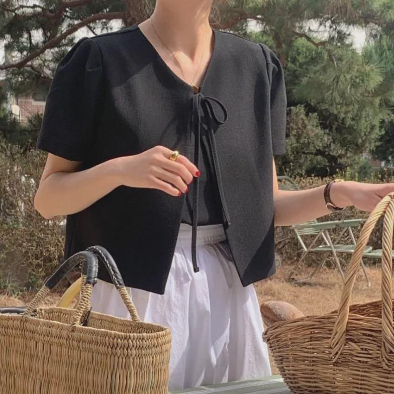 Dongdaemun Korean Bow Jacket: Elegant Short-Sleeved, Gentle Forest Style