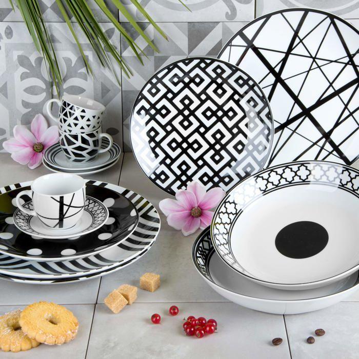 Service de table - Excelsa - 62496 - Porcelaine - 18 pièces - Blanc/Noir