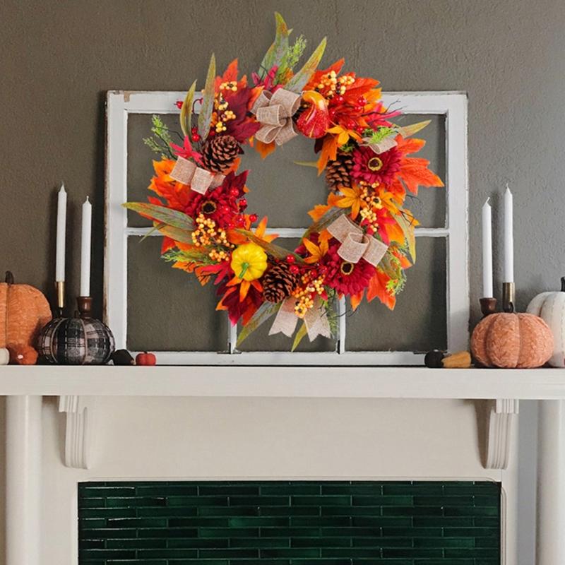 Artificial Autumn Wreath for Front Door Farmhouses Garden, Harvest Wreath with Pumpkins Thanksgiving Party Decorations