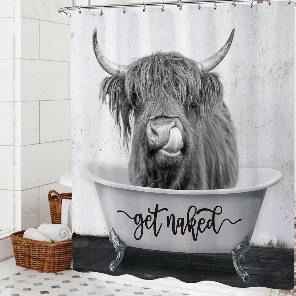 Zieh dich aus Hochlandkuh Duschvorhang 72x72 Lustige Bauernhaus Badezimmerdeko Grau Western Bulle Duschvorhang Set für Badezimmer Far