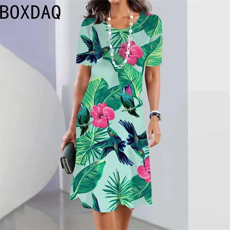 3D Hawaii Coconut Tree Print A-Line Dress Women Summer Beach Elegant Boho A-Line Dress Big Size Short Sleeve O-Neck Casual Dress