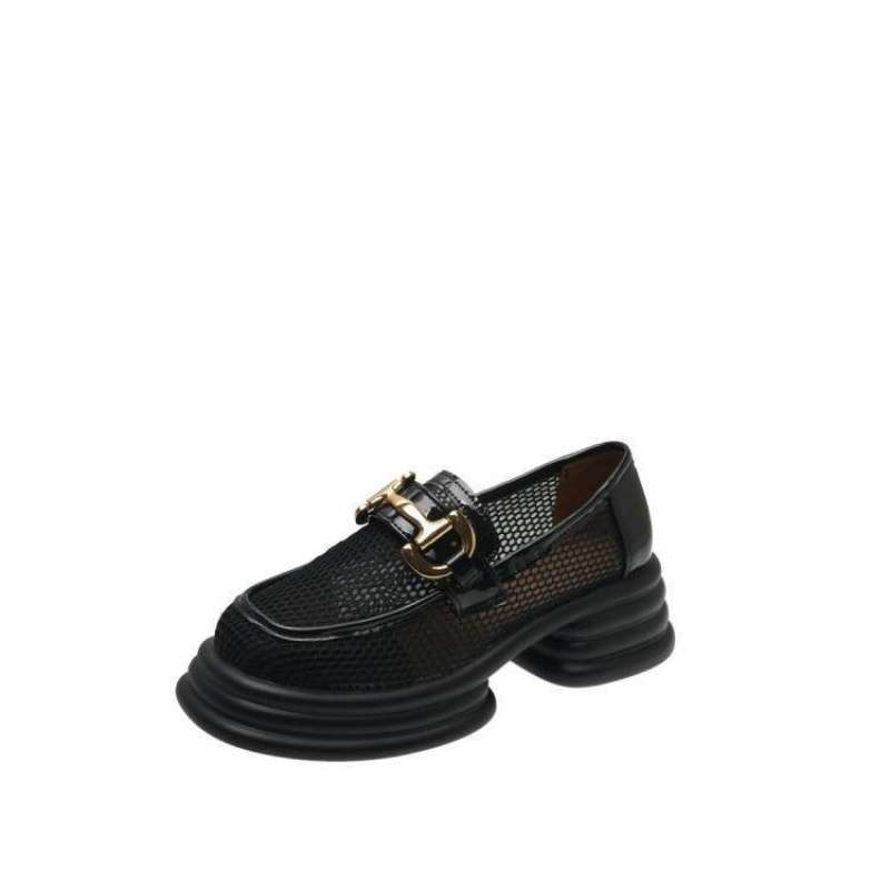 Breathable single shoes women's 2025 summer new British style small leather shoes with one pedal mesh thin thick-soled Doudou loafers