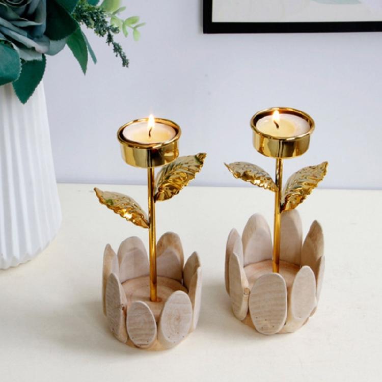 Decorative Wood Tealight Candle Holder Elegant Metal Flower Shape Potted Plant Candle Stand Candlesticks Home Decors