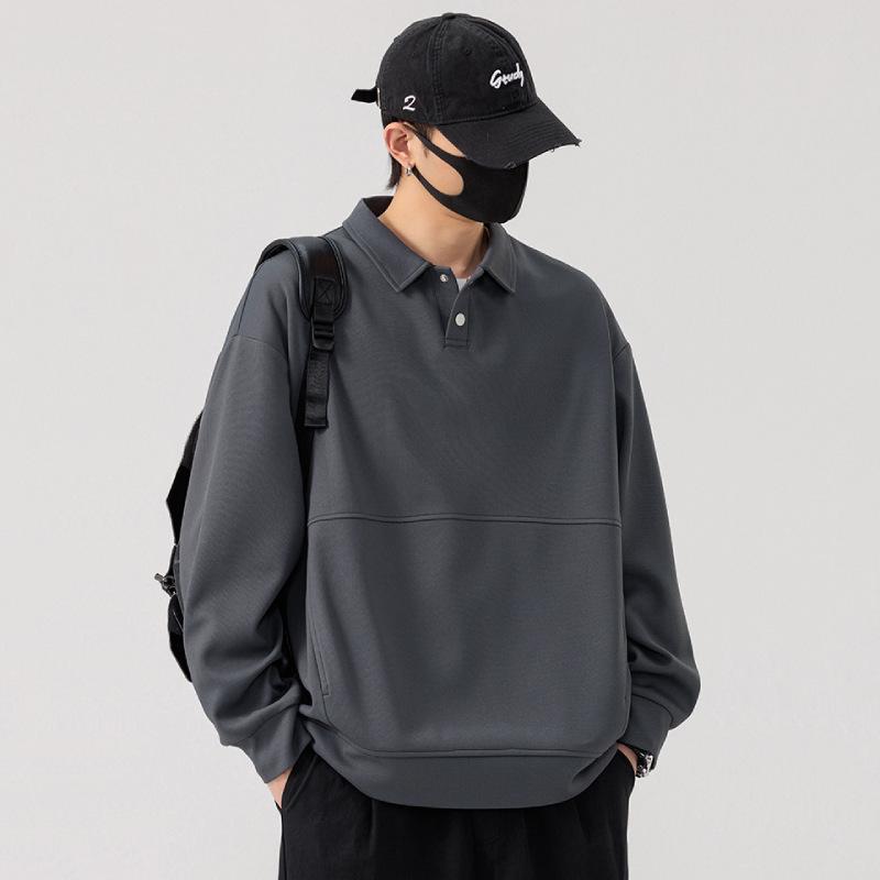 

Мужской модный свитшот с длинным рукавом и лацканами - Универсальный базовый топ однотонной расцветки 4XL темно-серого