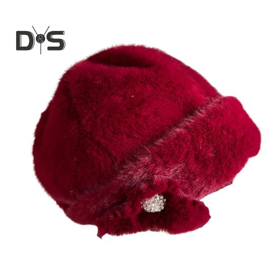 Mid-aged Women Winter Hat Thick Plush Faux Fur Heat Retention Windproof Solid Color Rhinestone Decor Outdoor Cycling Skiing Beanie