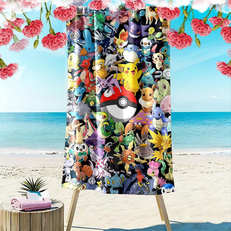 Cartoon Pokemon Print Beach Towel, Large Soft Quick Dry Towel for Beach Camping Swimming