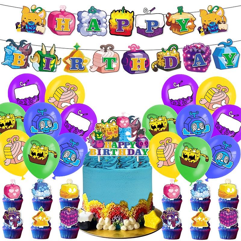 Blox Fruits Cartoon Theme Birthday Party Decorations Set Flags Balloons Cake Toppers