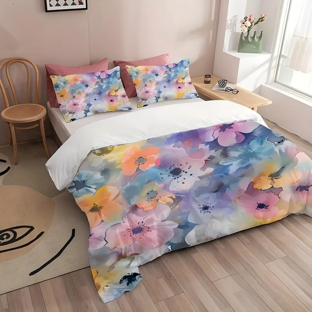 Colorful Watercolor Floral 3D Printed Bedding Cover Vibrant Flower Lightweig Duvet Cover For Teens Adults Quilt Cover Pillowcase