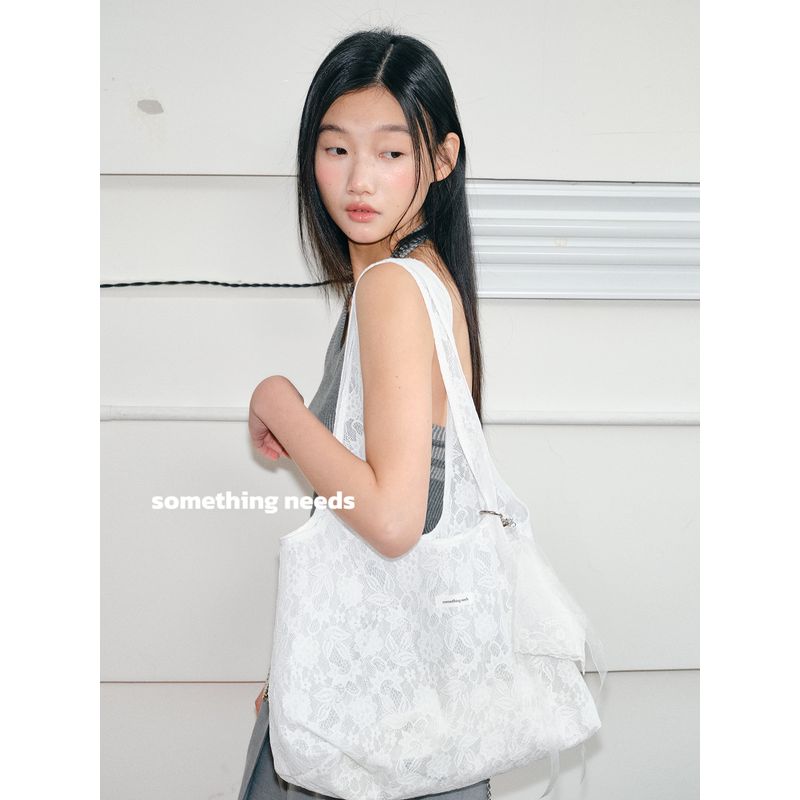 

Zheng Baiwan South Korea Special-Interest Design Laced One-Shoulder Bag Fashionable Tote Bag Female Travel Work Clothing All-Matching Bag Summer Cream White