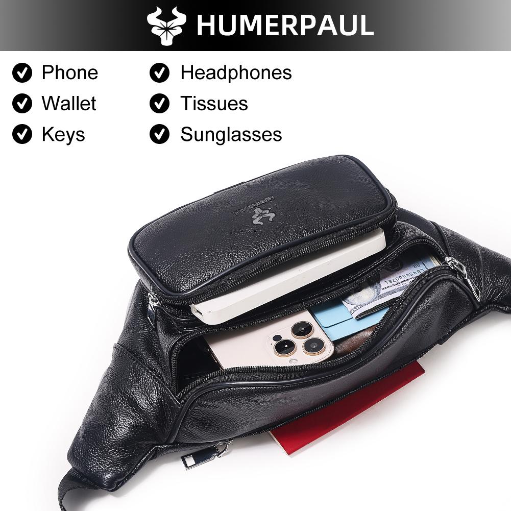 HUMERPAUL Men leather waist bag multifunctional cowhide leisure sports mobile phone waist bag multi-compartment chest bag large-capacity shoulder bag