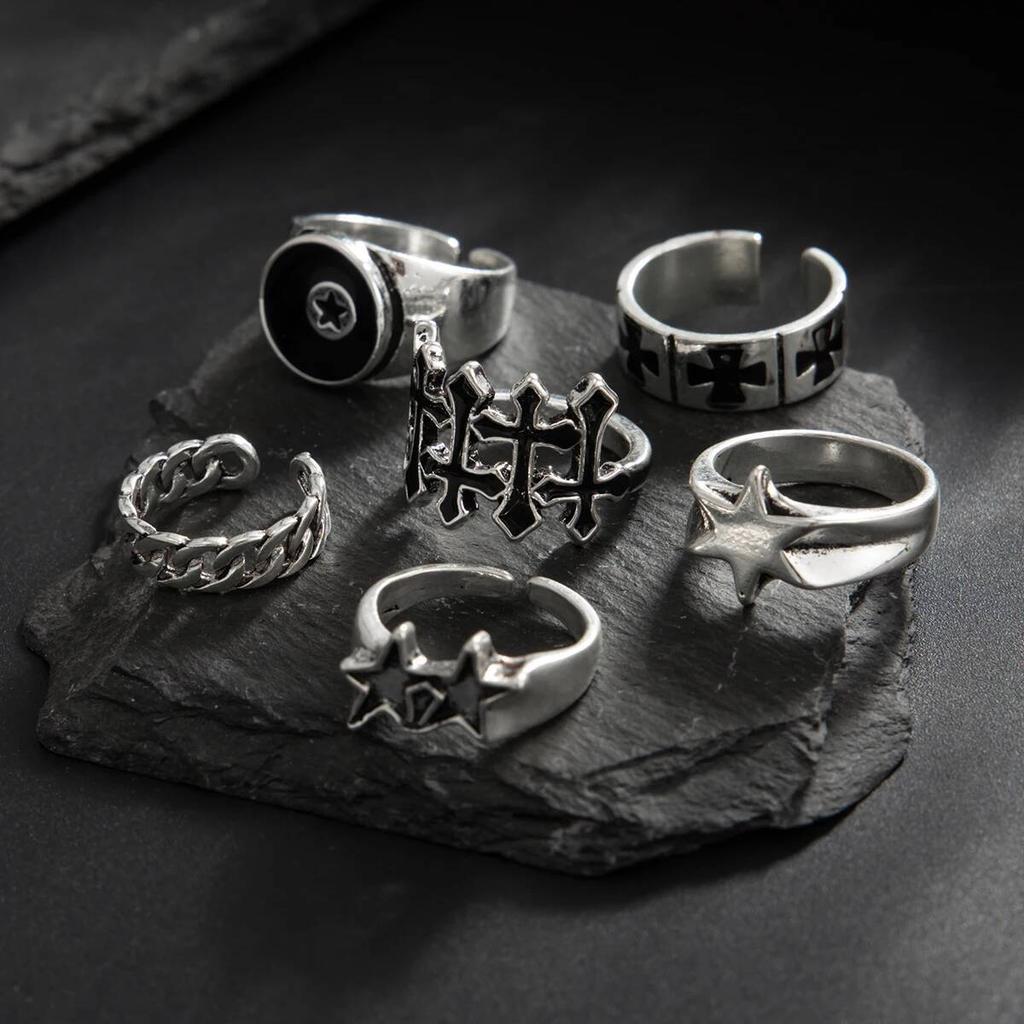 Ingemark 6 Pcs/Set Punk Hip Hop Irregular Star Cross Adjustable Rings Men Creative Silver Color Open Finger Rings Street Jewely
