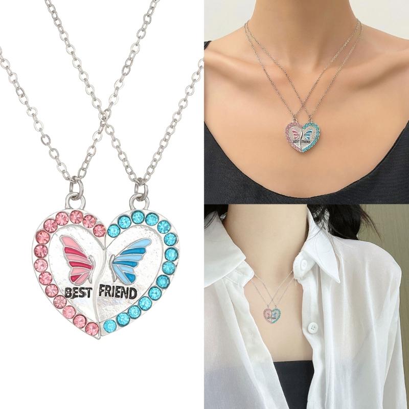 1 Pair Friendship Necklace Set Magnetic Butterfly Charm Neckchain Love Heart Pendant Clavicle Chain for Best Friends