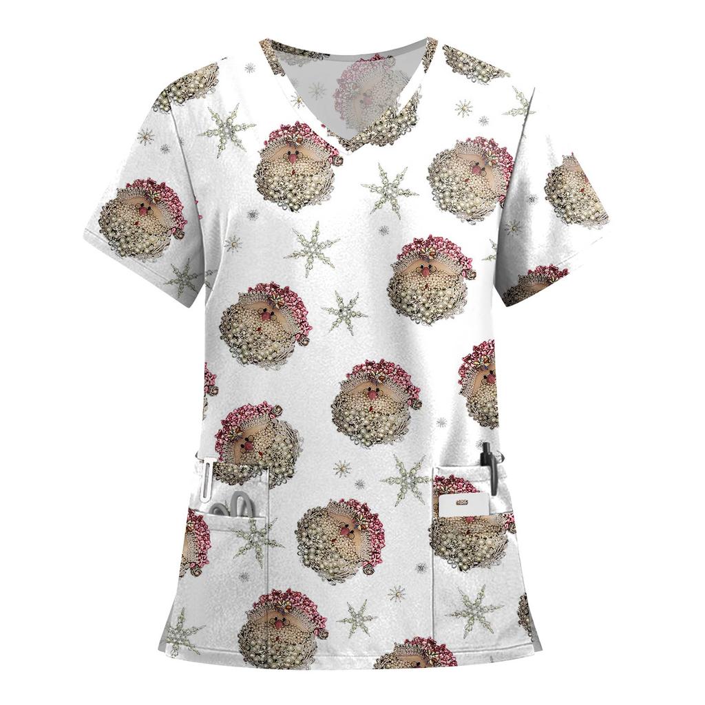 Women's Fashion Printed Short Sleeve V Neck Pattern Tops Pocket Working T-shirts
