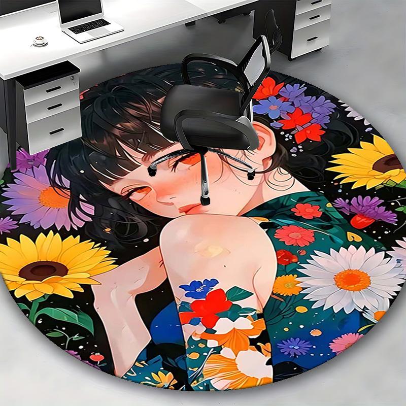 1pc Anime Design Round Carpet Floral Print Chair Mat for Office, Home Decor, Living Room, Bedroom