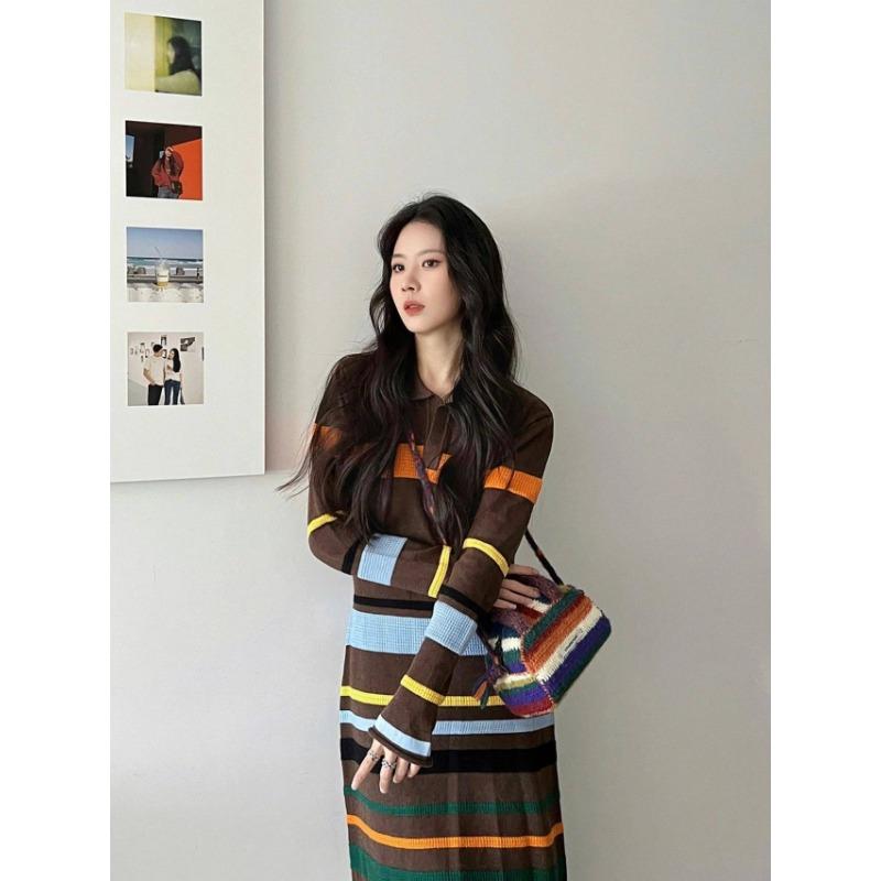 

[] Early autumn high-end temperament knitted long dress dopamine striped long-sleeved dress XL