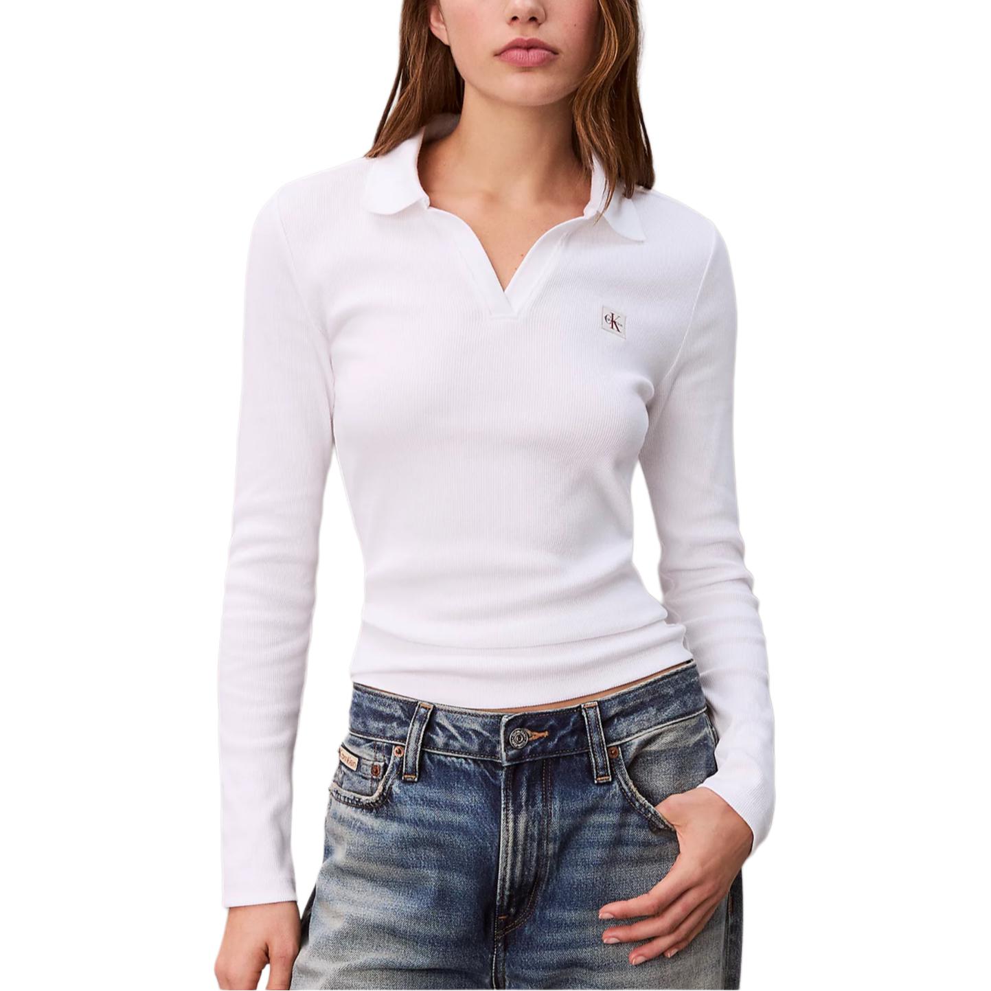 

Calvin Klein Woven Single Logo Ribbed Collar Slim Fit Long Sleeve Polo Shirt Women tops LV047E203G-YAA S