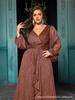 European Plus Size V-Neck Ruffle Lantern Sleeve Formal Dress