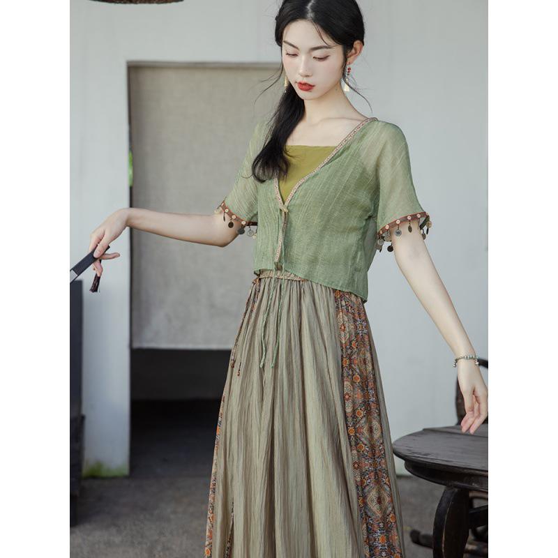 Chinesisches Sommer-Hanfu-Kleid für Damen: 3-teiliges Zen-Tee-Set