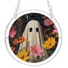 Durable Acrylic Halloween Suncatcher Jigsaw Puzzle Set, Spooky Ghost Floral Meadow Window Hanging Ornament with Metal Porch Decoration Frame & Chain,