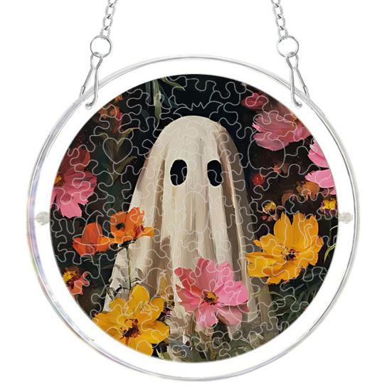 Durable Acrylic Halloween Suncatcher Jigsaw Puzzle Set, Spooky Ghost Floral Meadow Window Hanging Ornament with Metal Porch Decoration Frame & Chain,