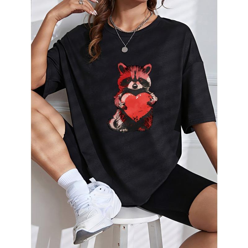 Cute Raccoon Holding Heart Graphic T Shirt White Animal Print Valentine Gift For Women Casual Wear