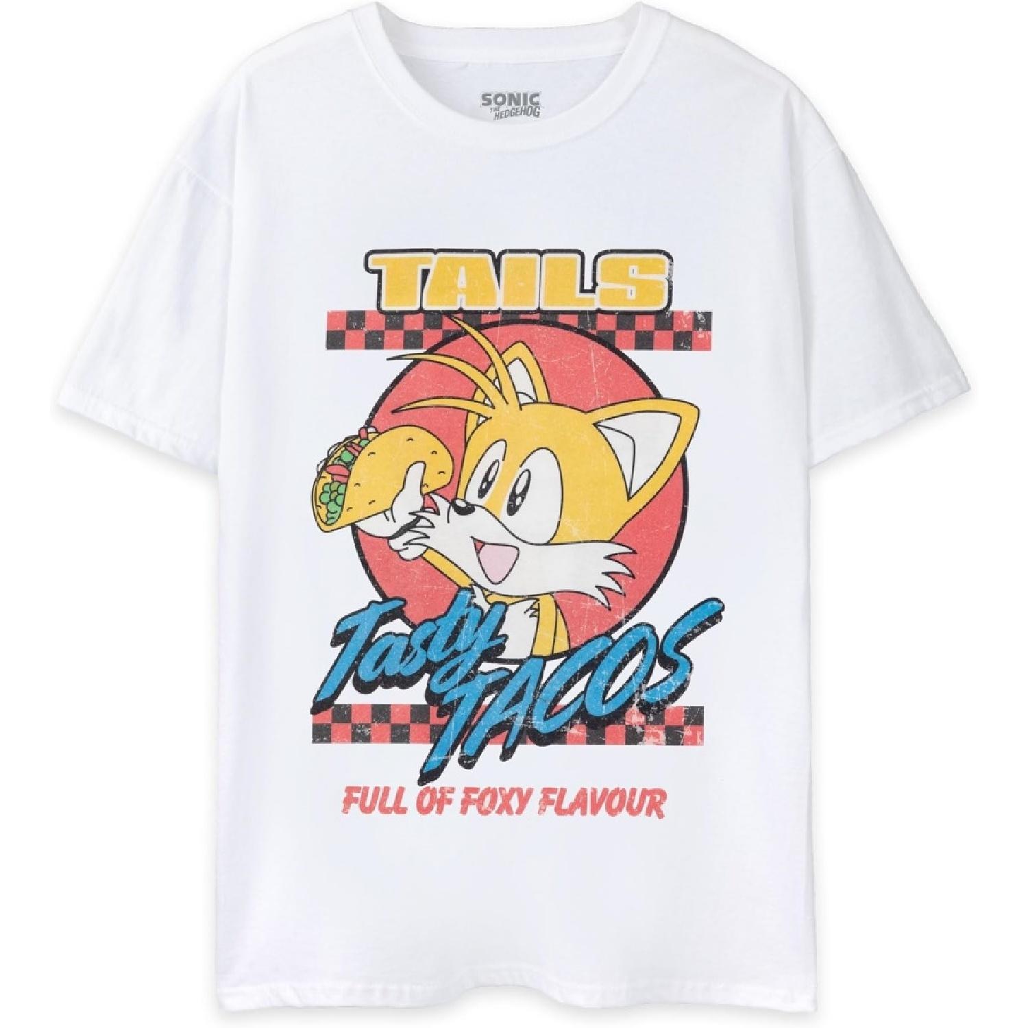 

Мужская футболка Sonic The Hedgehog _ Белая футболка с коротким рукавом для взрослых _ Вкусные тако Тейлза Ретро-топ с Соником _ Игровой подарок для него S белый