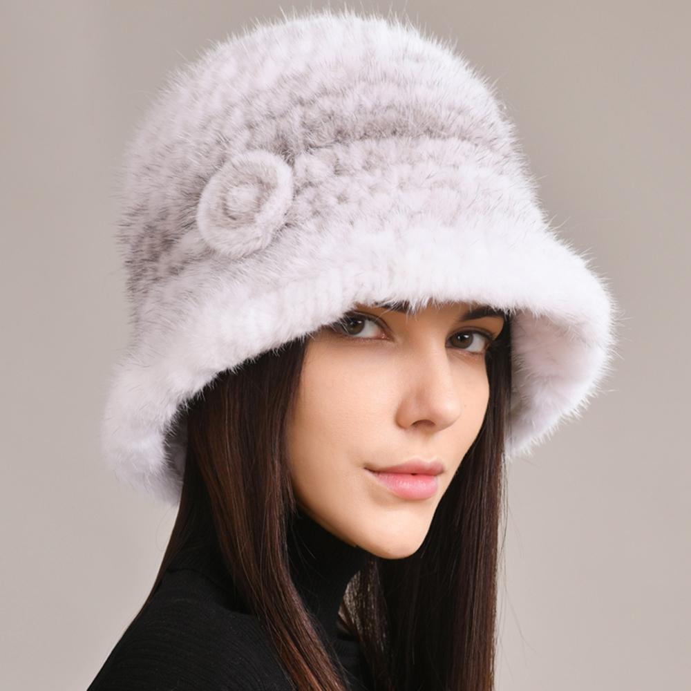 Woman Hat Winter Solid Mink Caps With Flower Mink Fur Hats New Russian Girl Soft Knitting Real Fur Bucket Hats