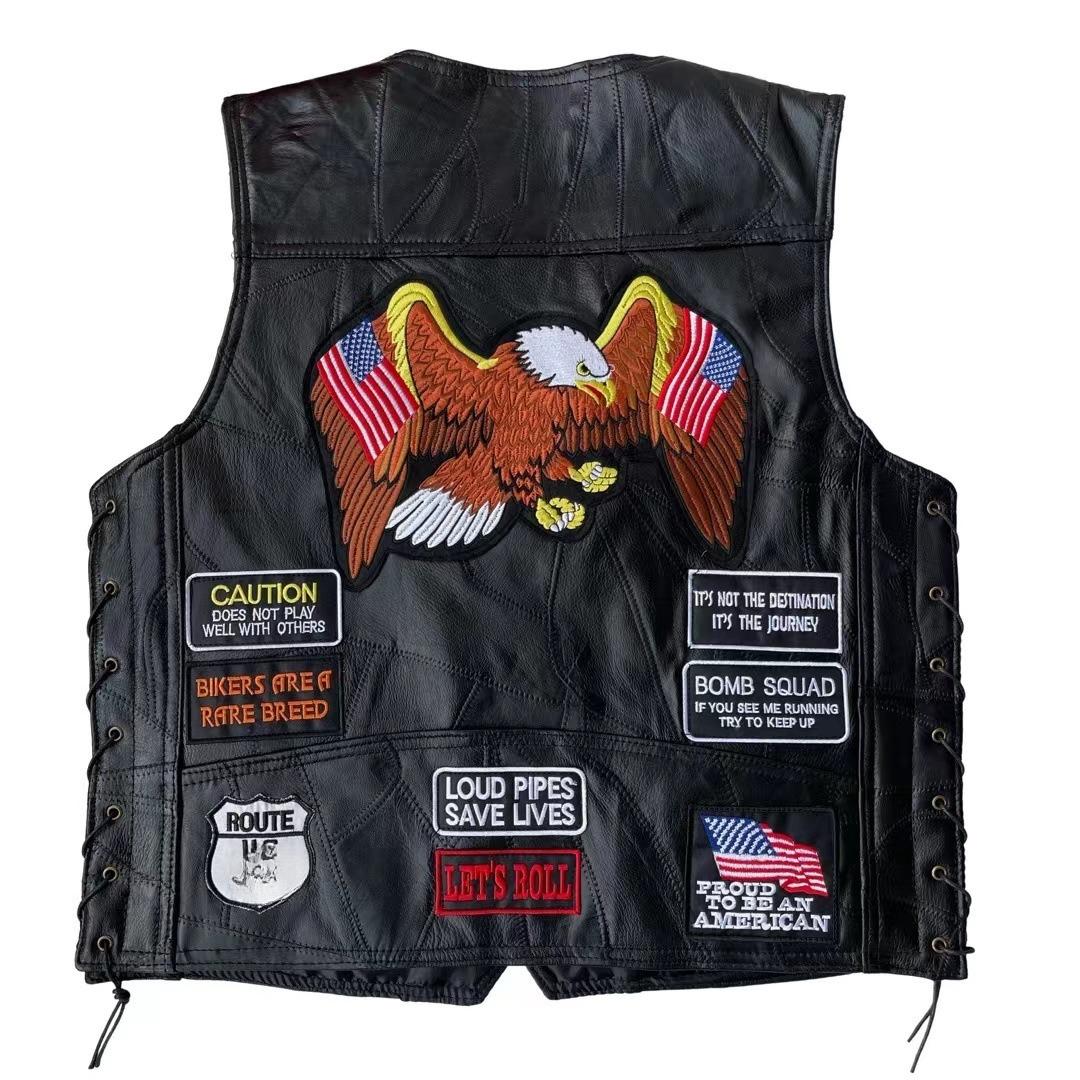 Европейский и американский жилет машиниста, мужской кожаный жилет, европейский, американский и корейский ретро-жилет, уличная классика с вышивкой в стиле тяжелой промышленности M