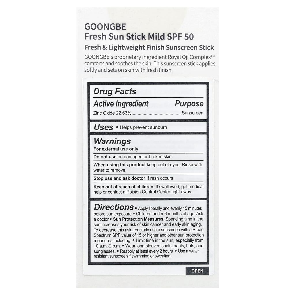 GOONGBE Fresh Sun Stick Sunscreen, Mild, SPF 50, 23g (0.81oz)