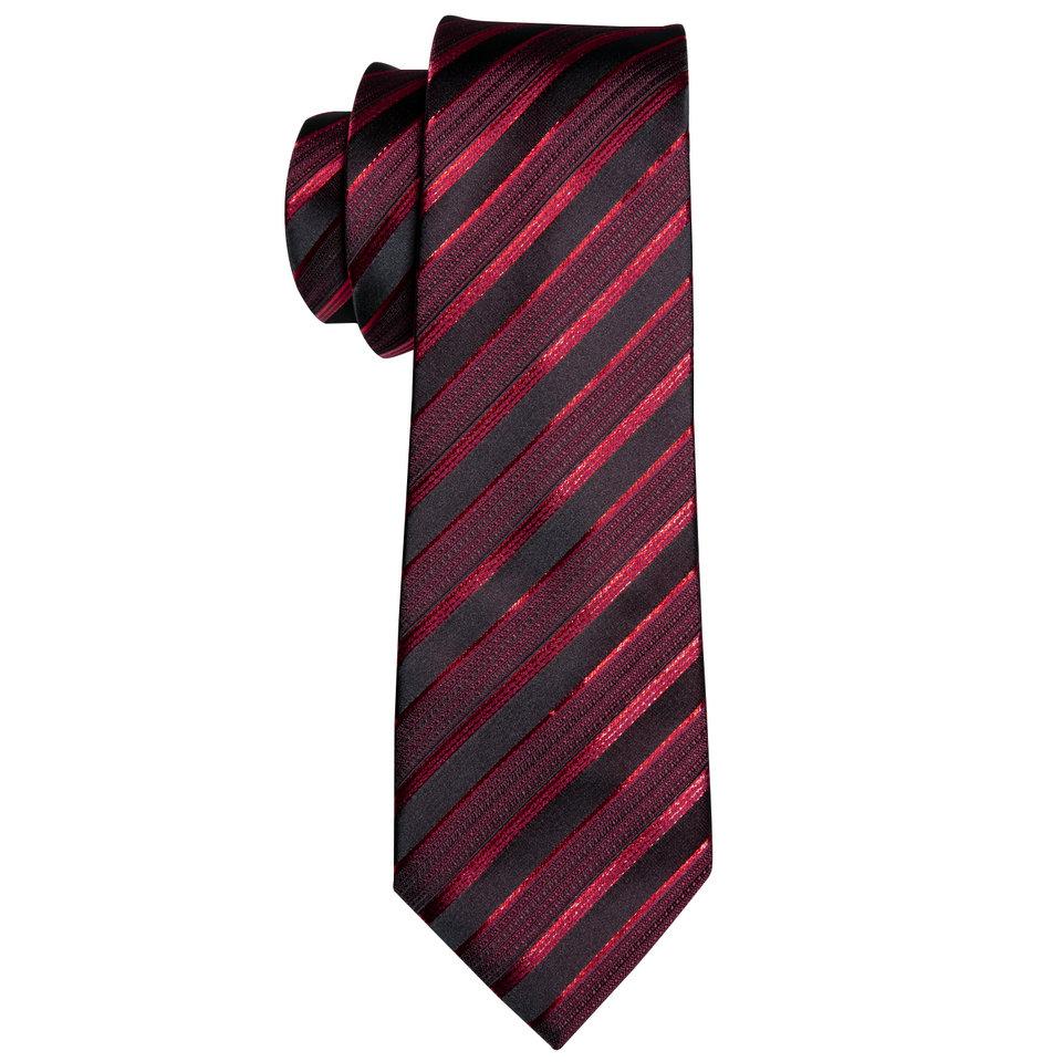Barry.Wang Ties for Men Necktie Hankerchief Cufflinks Set Burgundy Striped Jacquard Wedding